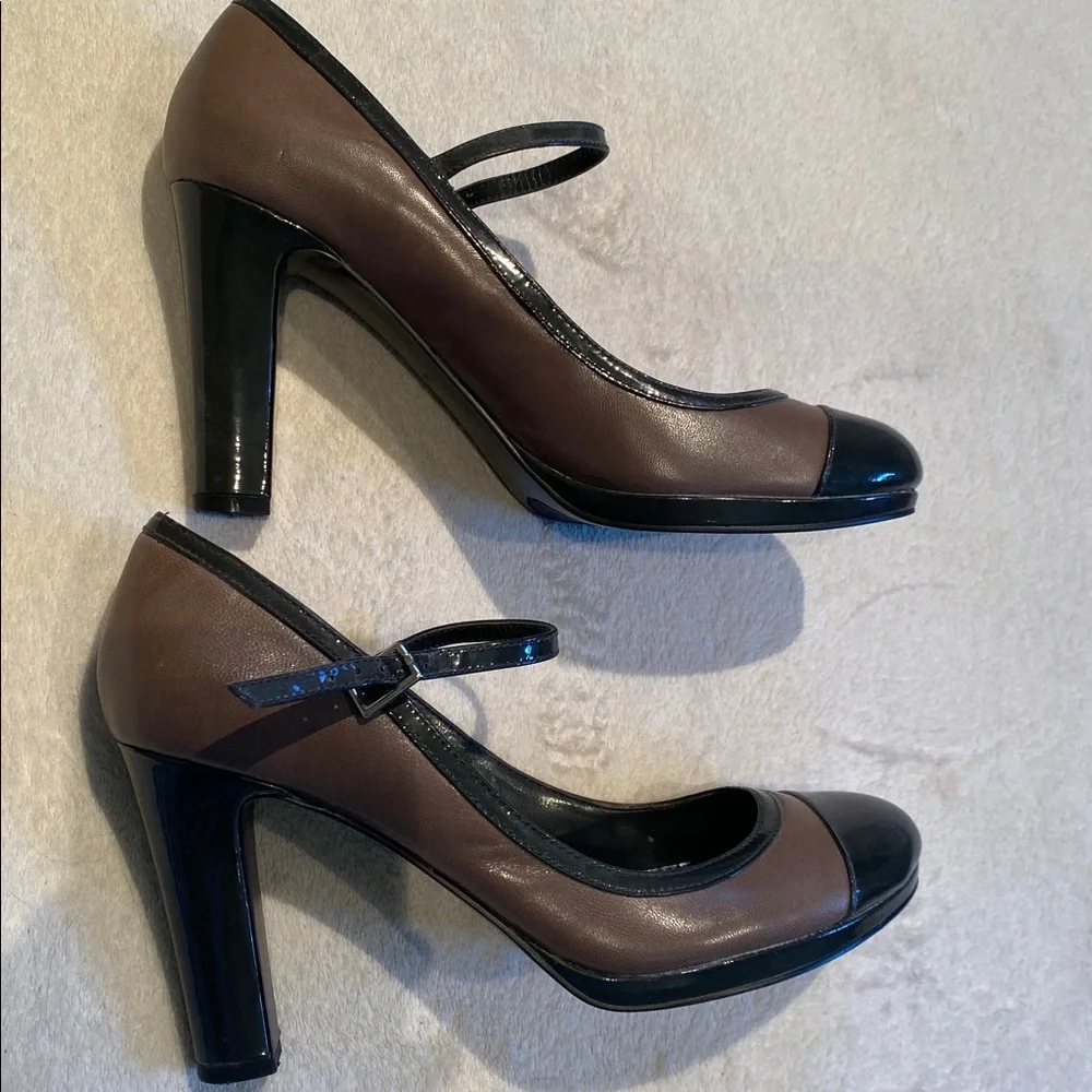Lauren Ralph Lauren Mary Jane taupe leather gray patent platform heels Sz 8.5 - Picture 4 of 9